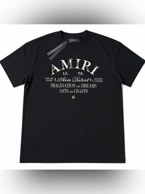 AMIRI Black Crewneck Logo Tee with Cream Camo Lettering size small